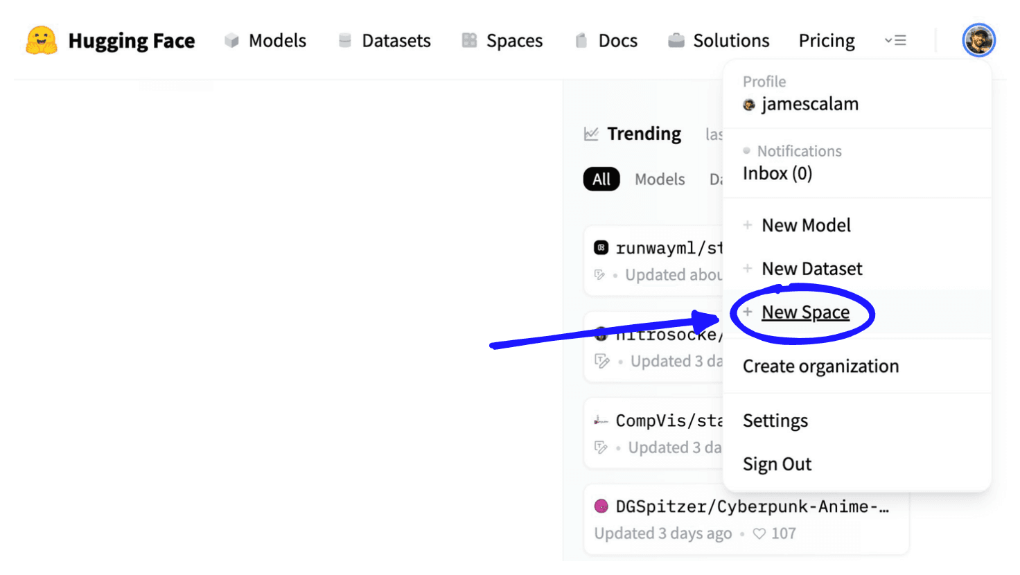 Click New Space, found on the Hugging Face homepage after logging in.