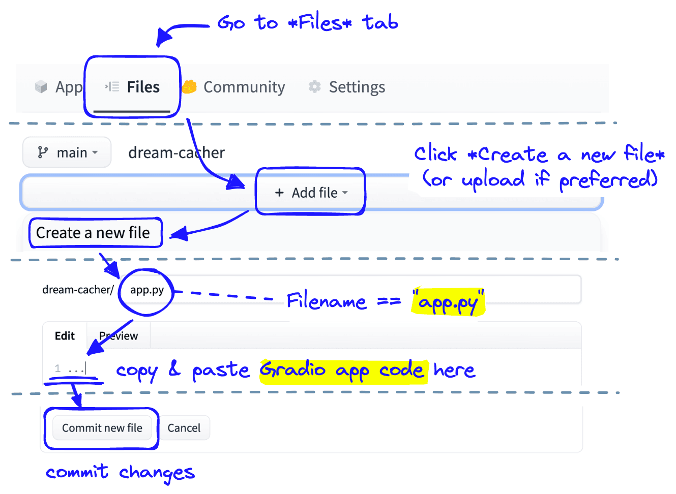 Creating the app.py file in Hugging Face Spaces.